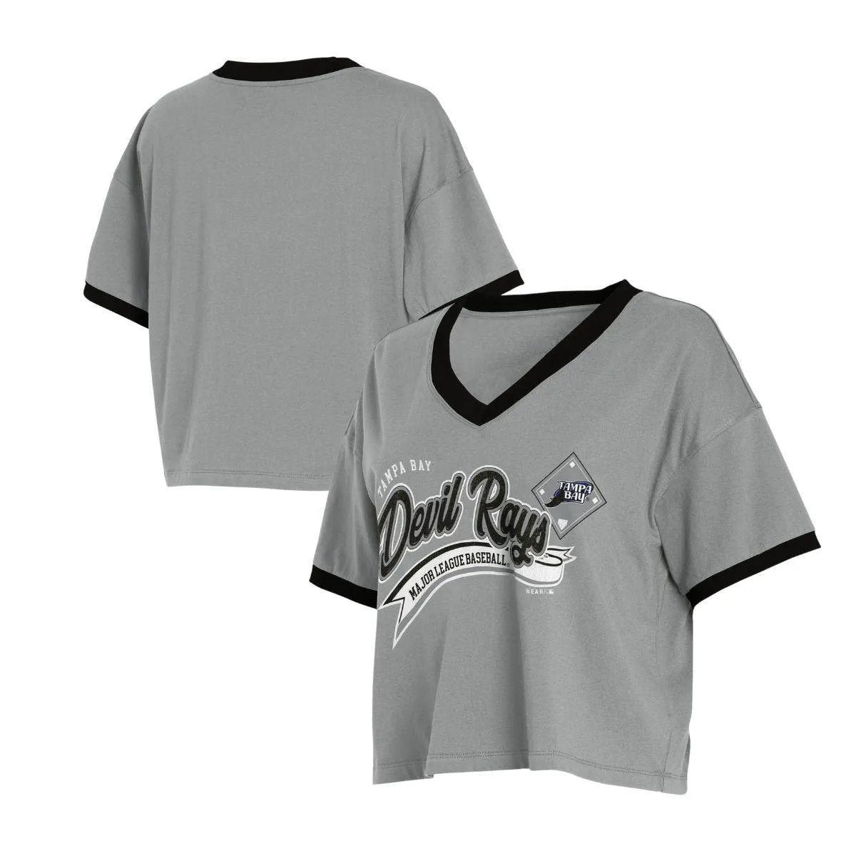 Rays Women's WEAR by Erin Andrews Grey Devil Rays V-Neck Crop T-Shirt