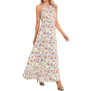 Retro Patterned Ruffle Hem Halter Neck Maxi Dress