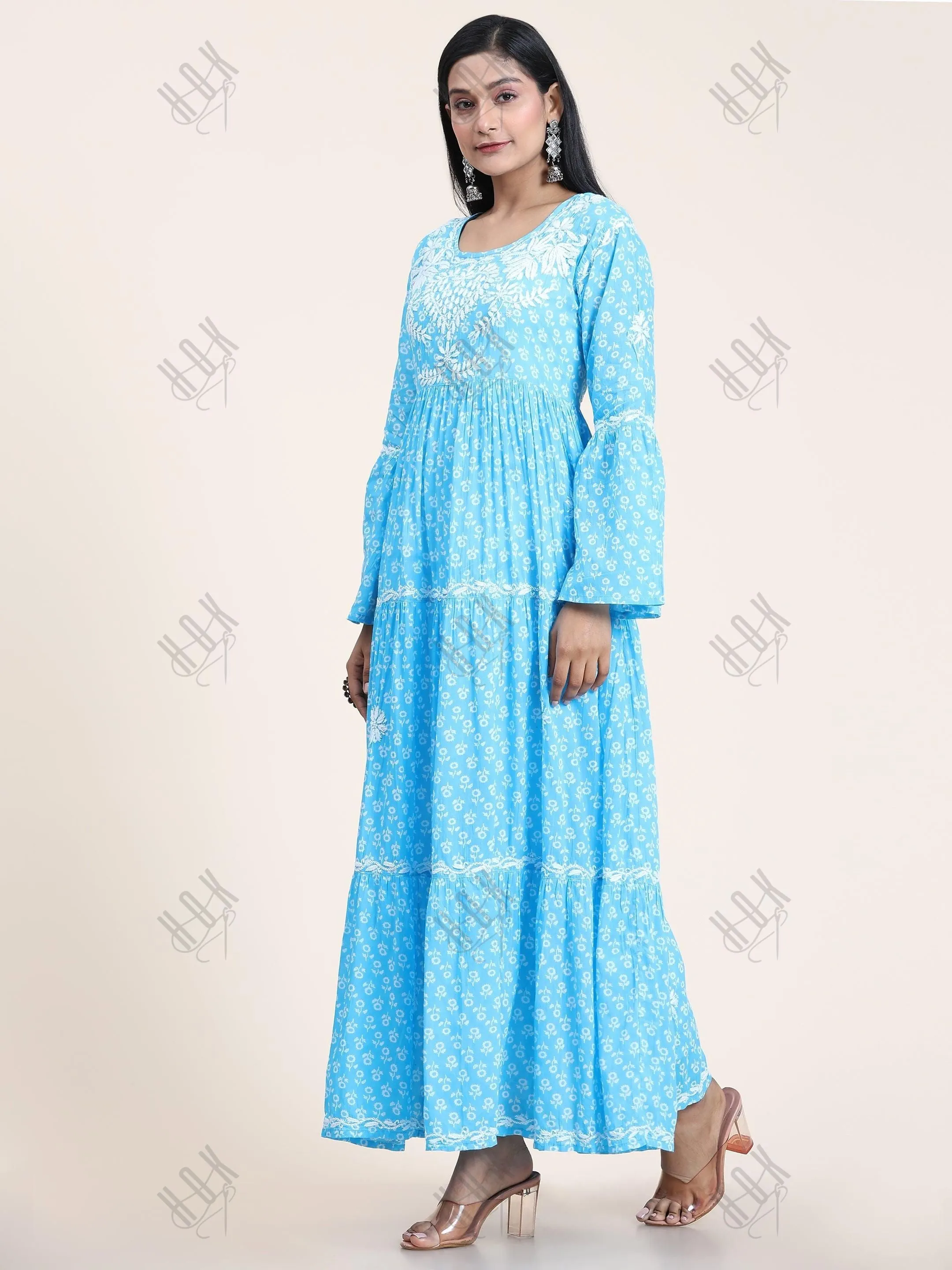Samma Hand Embroidered Chikankari  Mul Gown for Women- Sky Blue