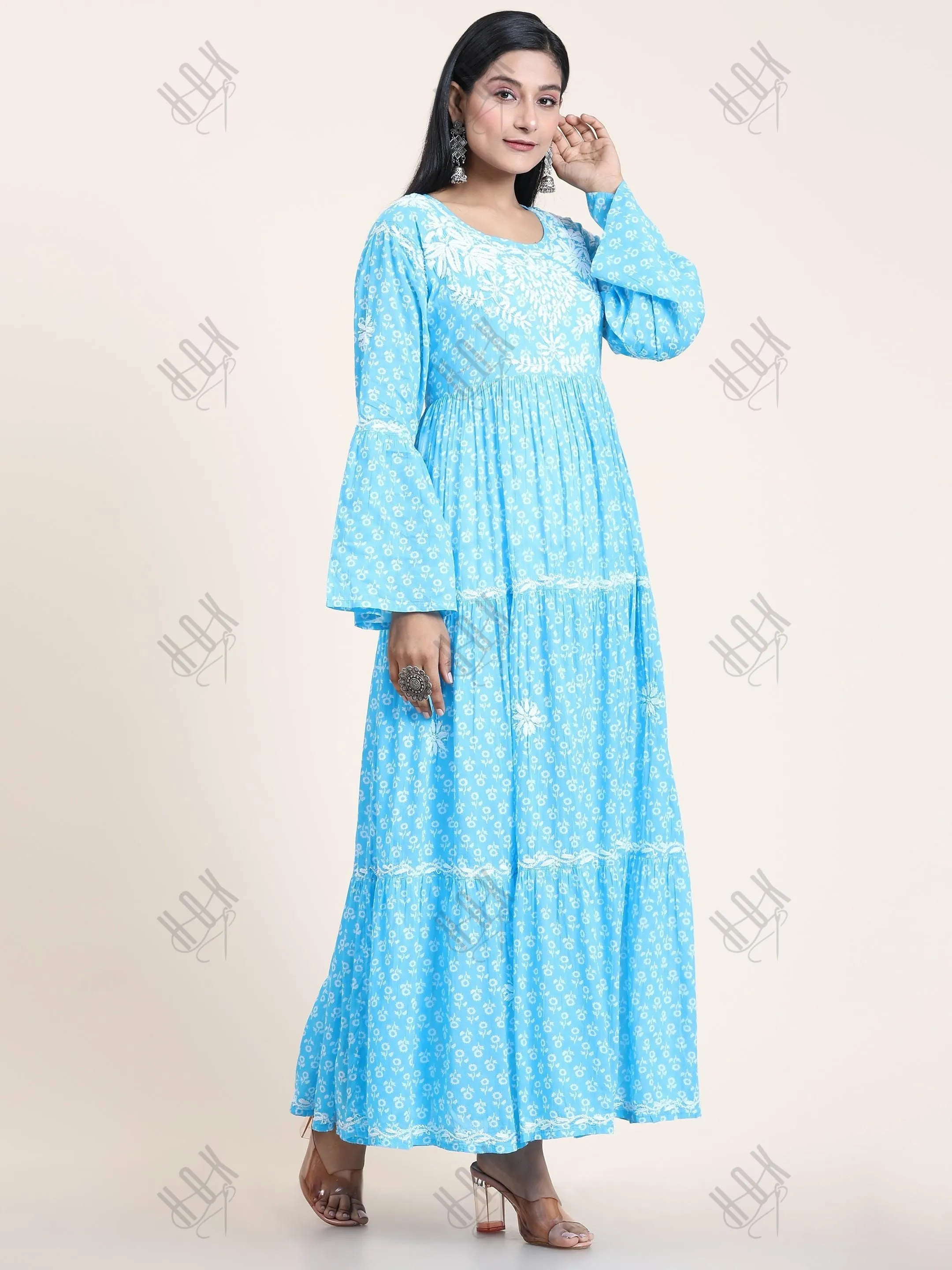 Samma Hand Embroidered Chikankari  Mul Gown for Women- Sky Blue