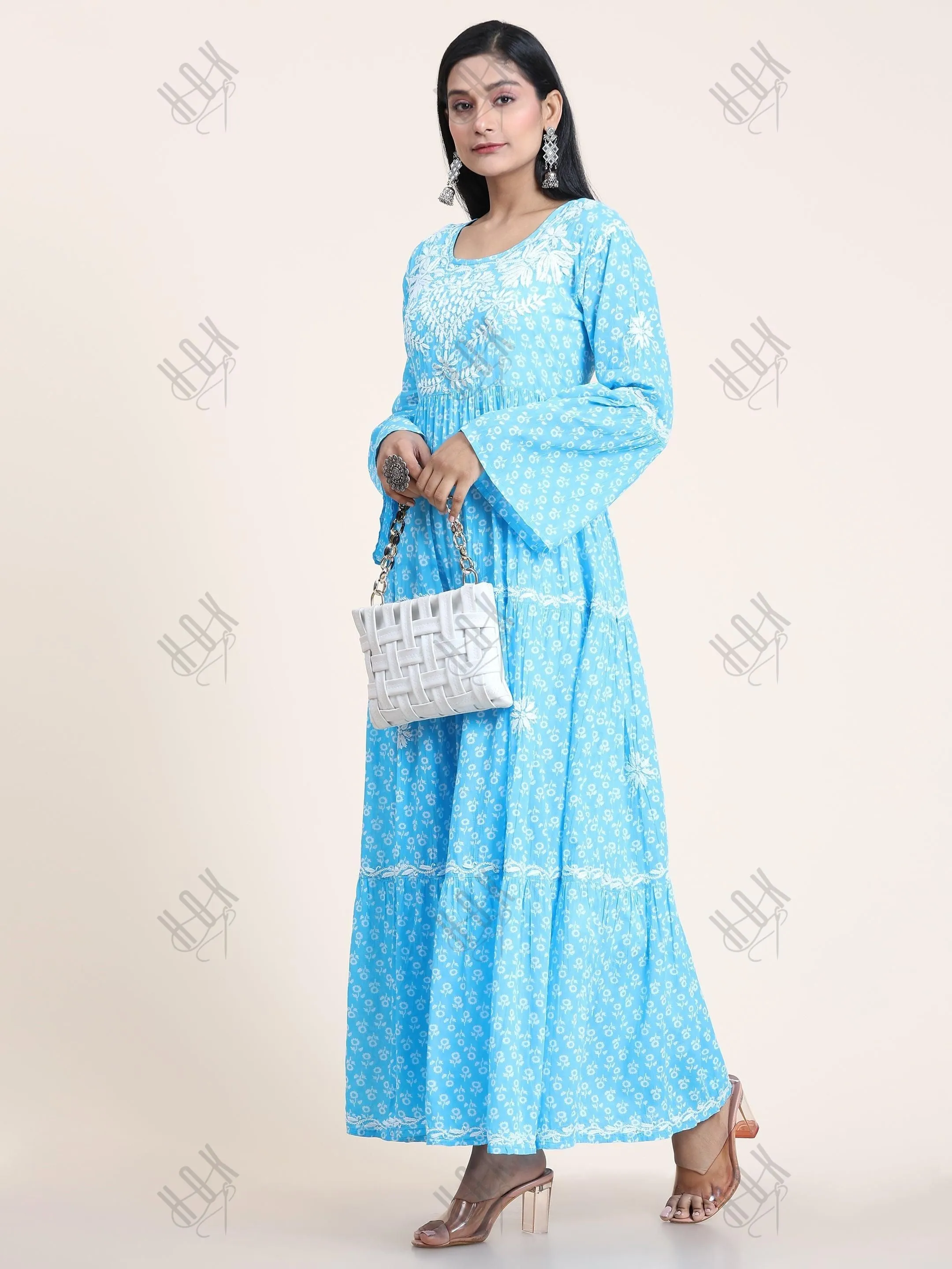 Samma Hand Embroidered Chikankari  Mul Gown for Women- Sky Blue