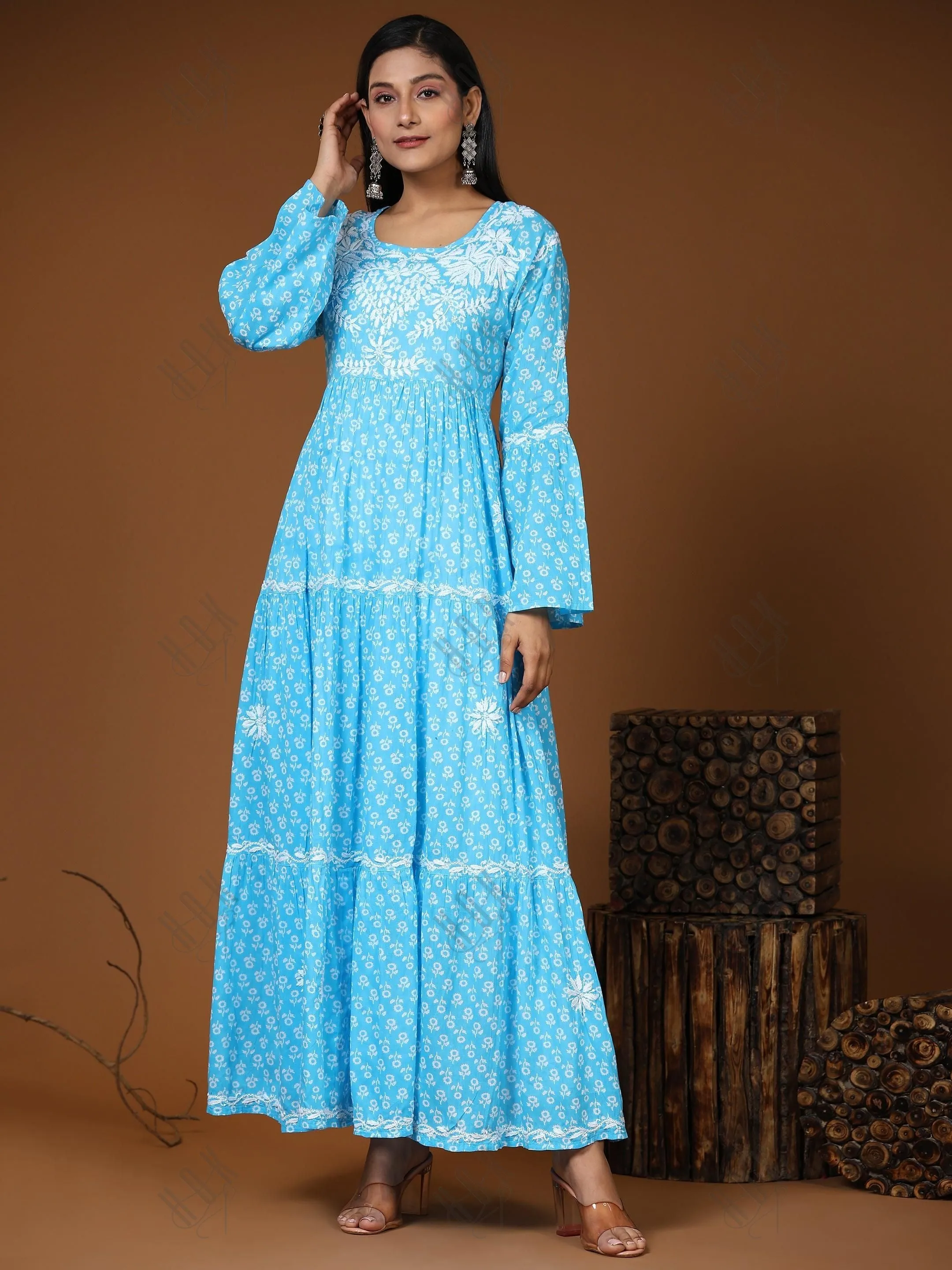 Samma Hand Embroidered Chikankari  Mul Gown for Women- Sky Blue