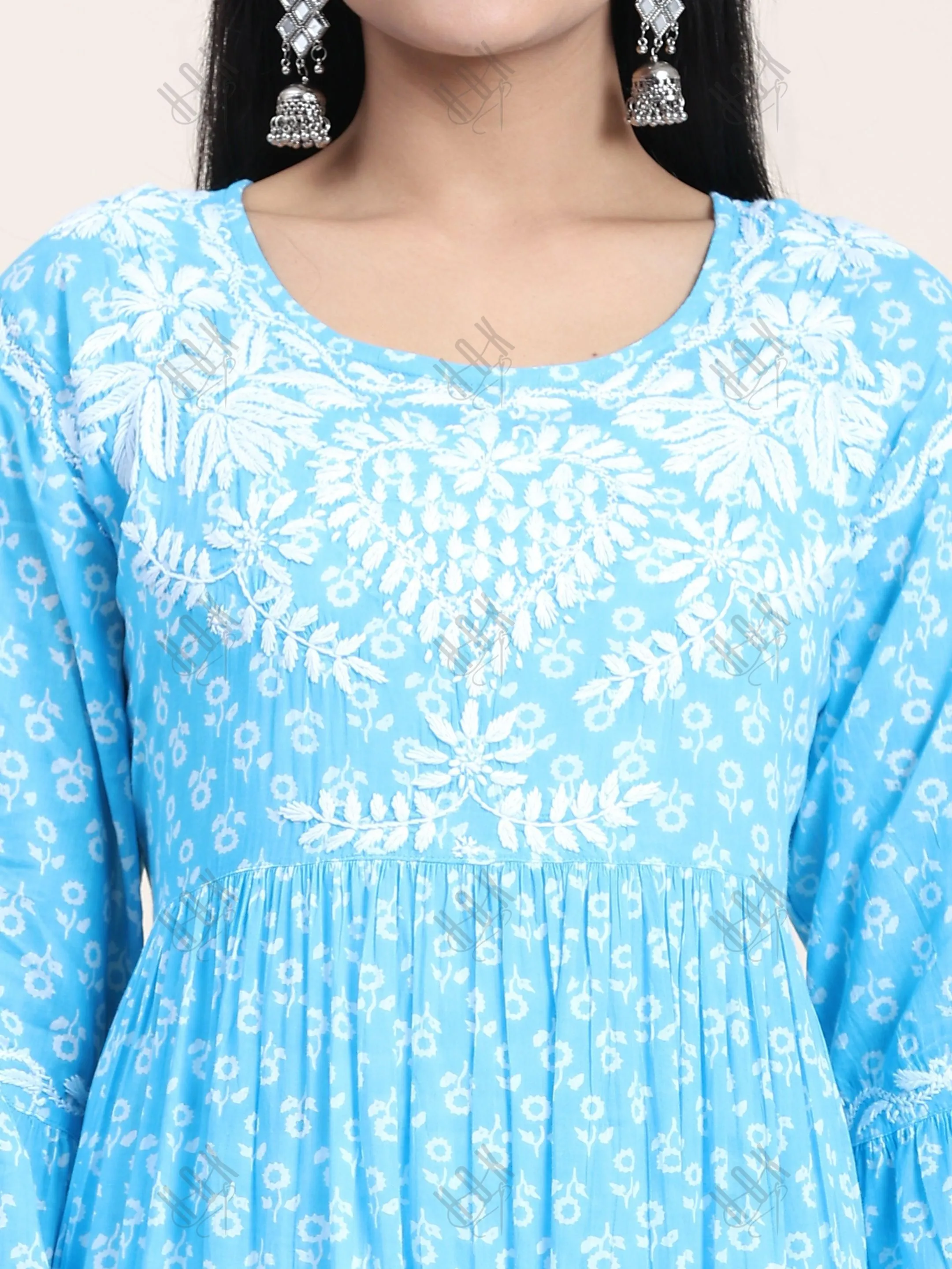 Samma Hand Embroidered Chikankari  Mul Gown for Women- Sky Blue