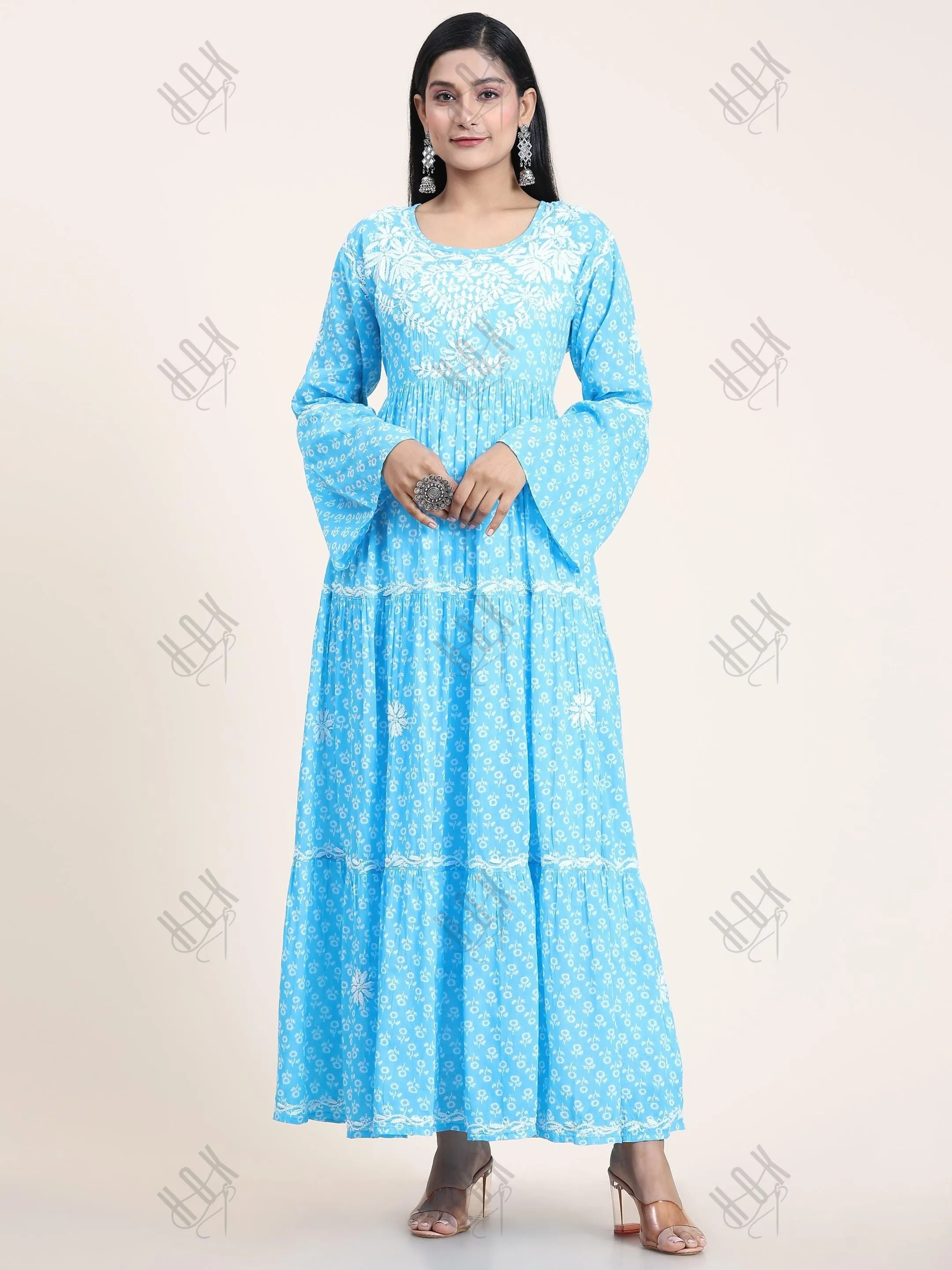 Samma Hand Embroidered Chikankari  Mul Gown for Women- Sky Blue