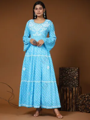 Samma Hand Embroidered Chikankari  Mul Gown for Women- Sky Blue