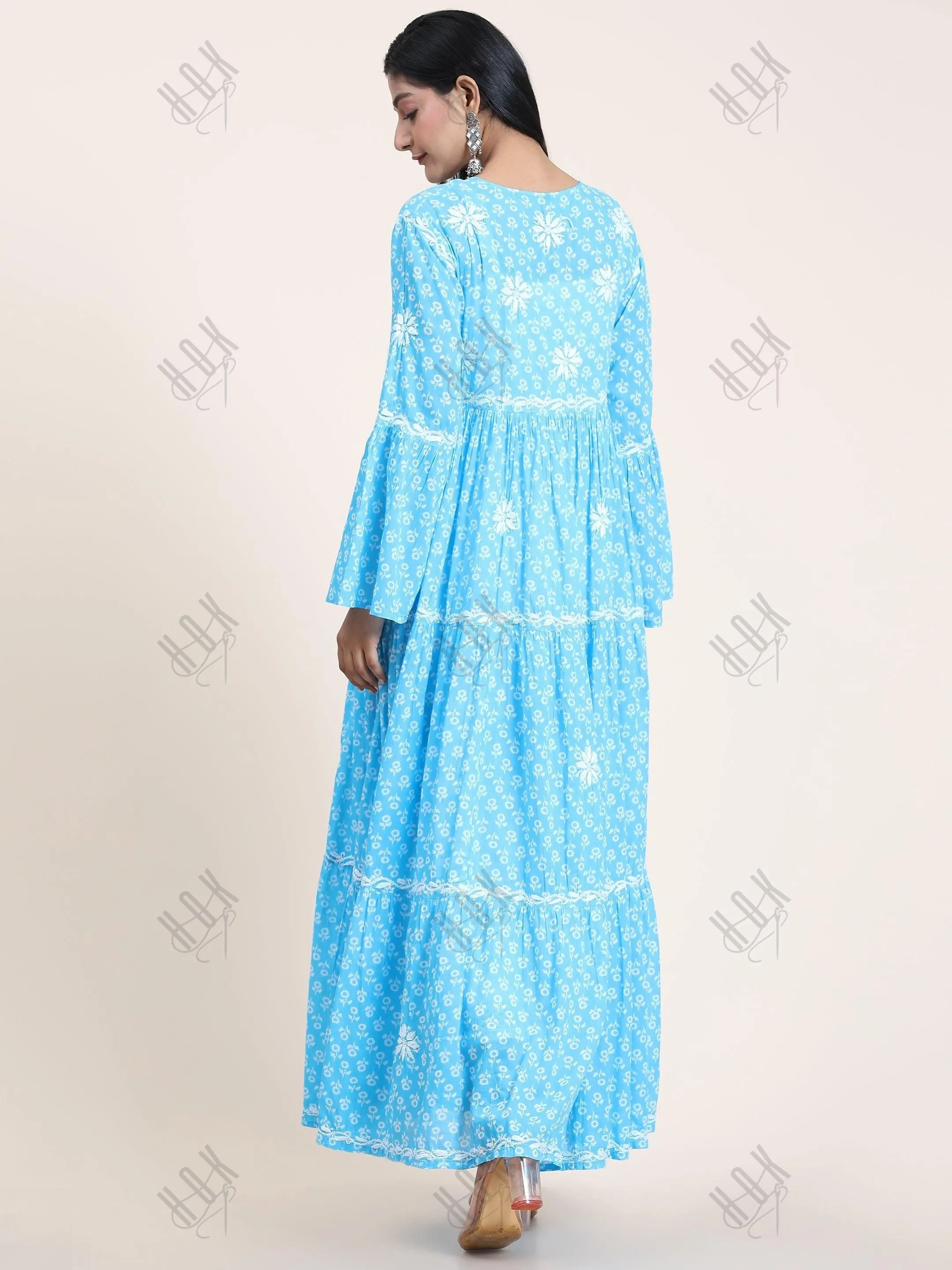 Samma Hand Embroidered Chikankari  Mul Gown for Women- Sky Blue