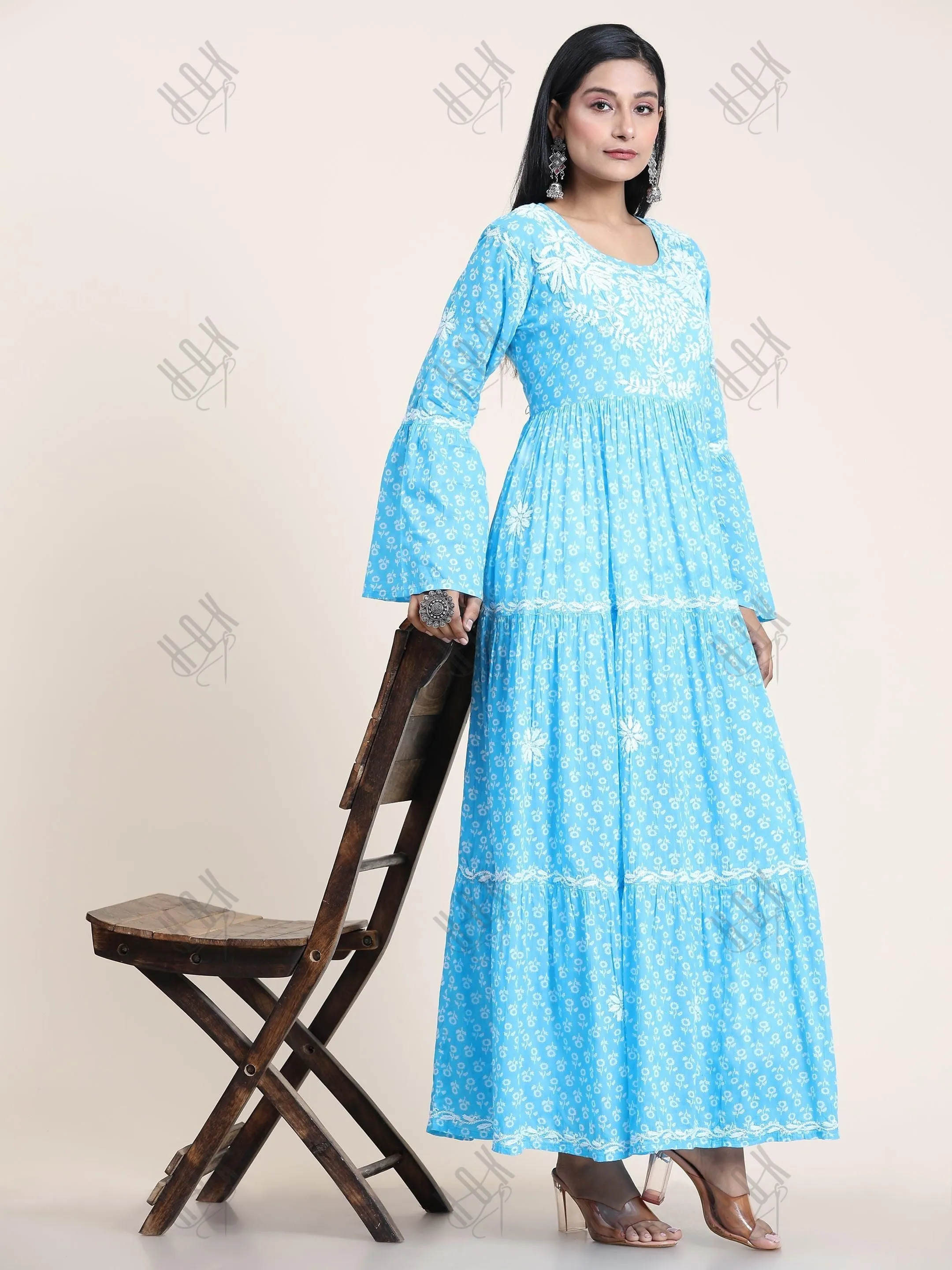 Samma Hand Embroidered Chikankari  Mul Gown for Women- Sky Blue