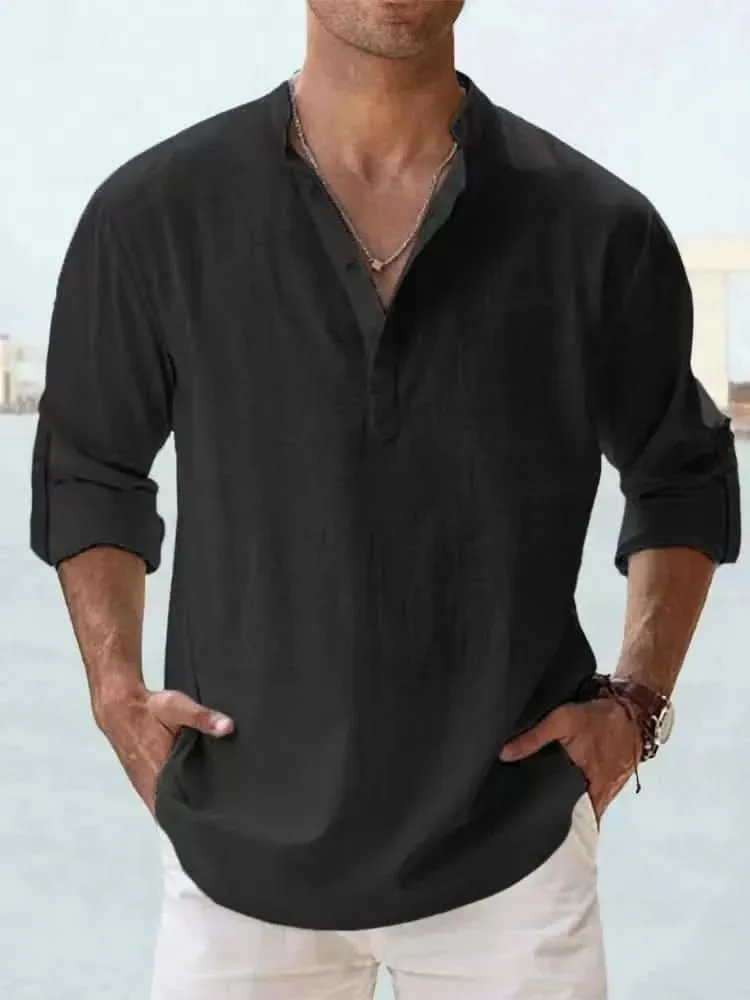 Spring and Autumn New Men's Linen Long Sleeve Breathable Shirt Solid Color Casual  Basic Cotton Linen Shirt Tops  S-5XL
