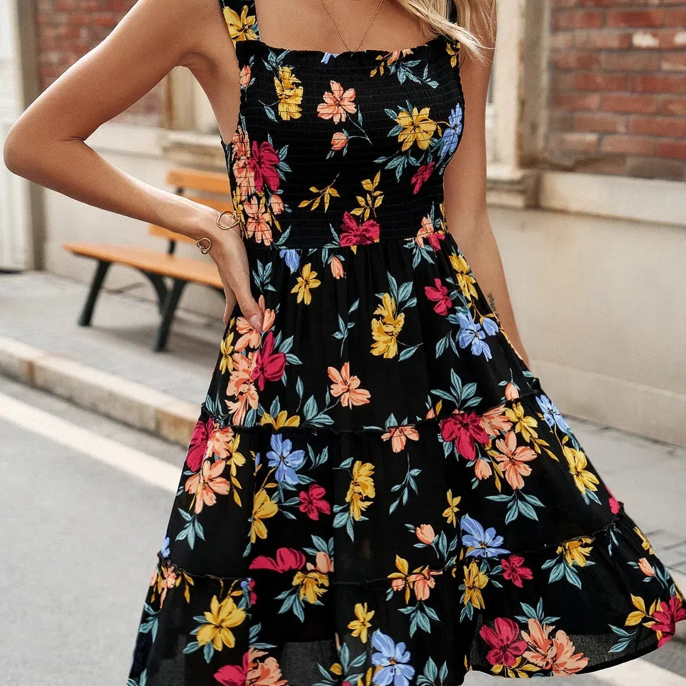 Summer New Women's Retro Sleeveless Floral High Waist Dress