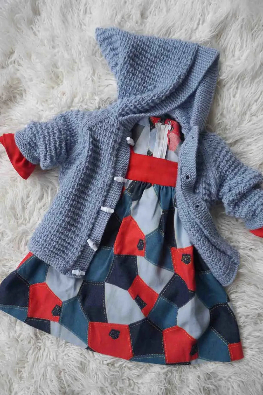 Vintage Blue Hand Knitted Hooded Toddler Cardigan
