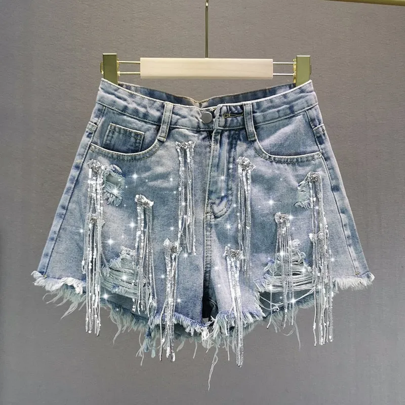 Women Denim Shorts Tassels Jean Shorts