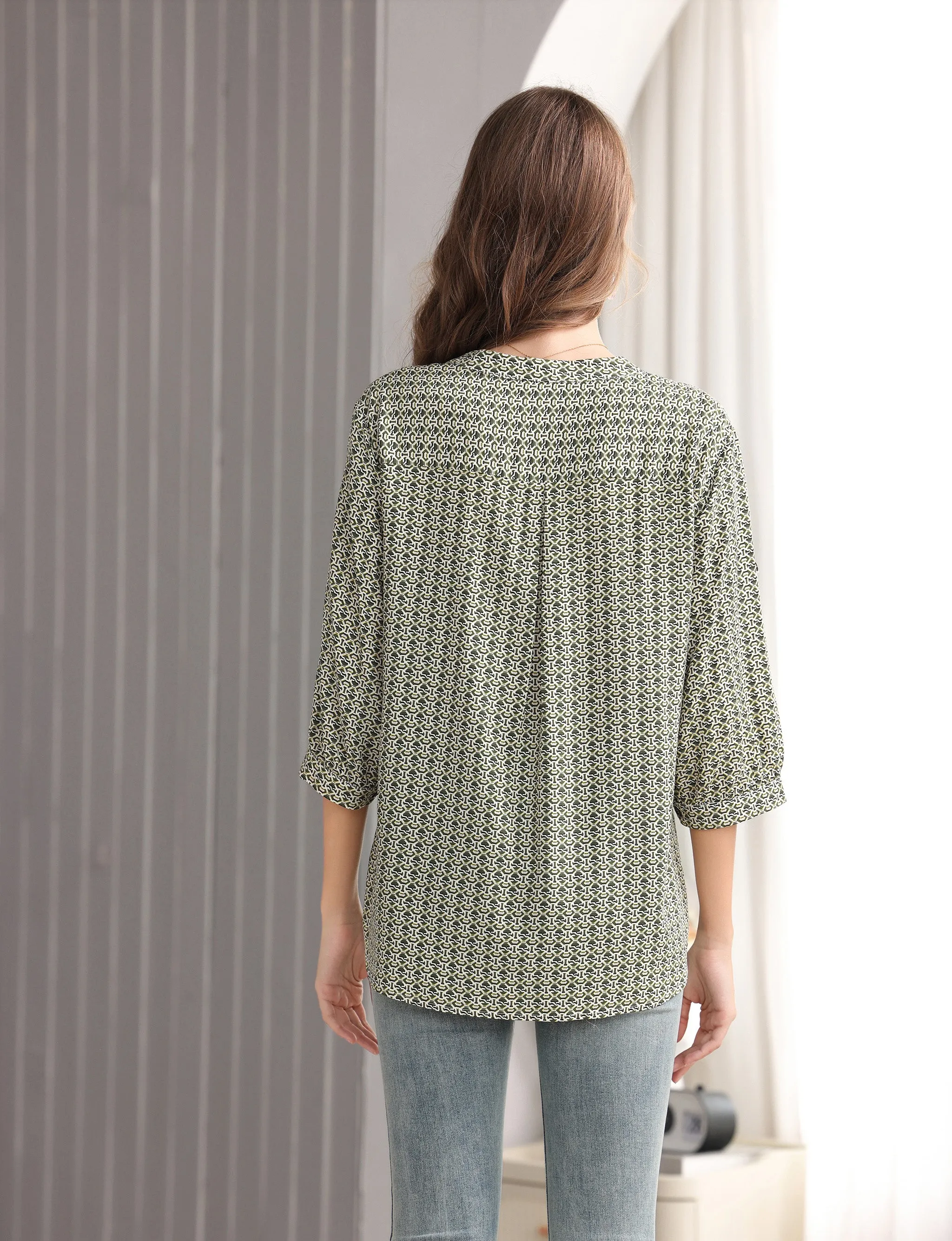 Women's Geometric Print Top with 3/4 Sleeve Roll Tab for Short Sleeve