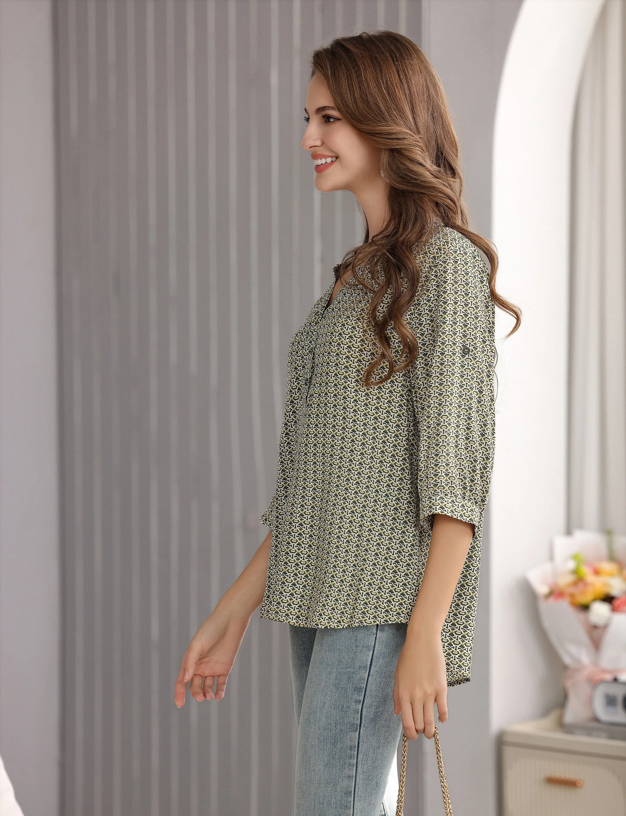 Women's Geometric Print Top with 3/4 Sleeve Roll Tab for Short Sleeve