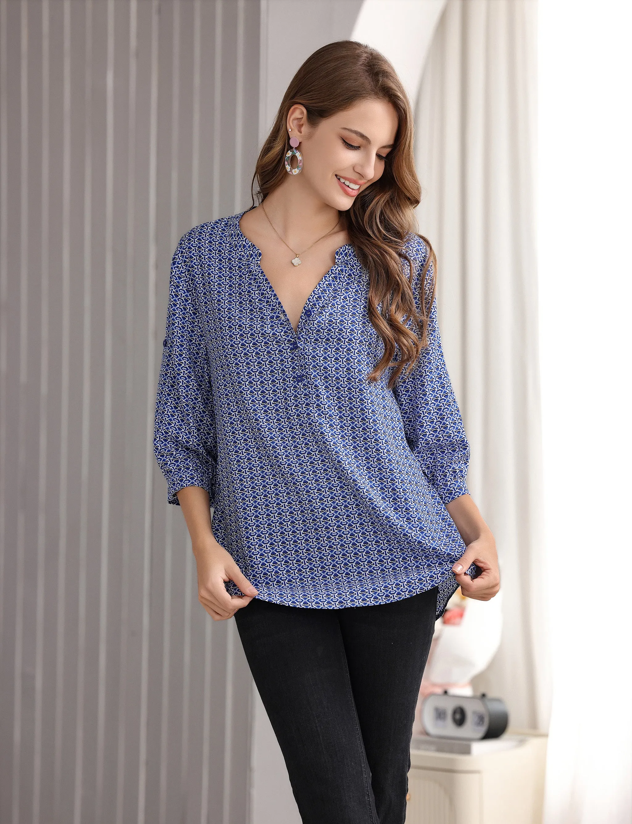 Women's Geometric Print Top with 3/4 Sleeve Roll Tab for Short Sleeve