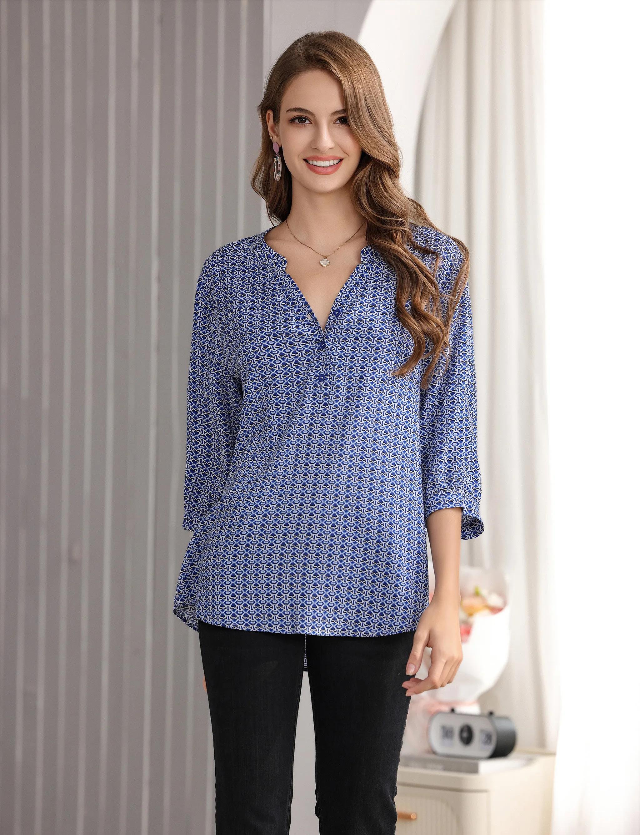 Women's Geometric Print Top with 3/4 Sleeve Roll Tab for Short Sleeve