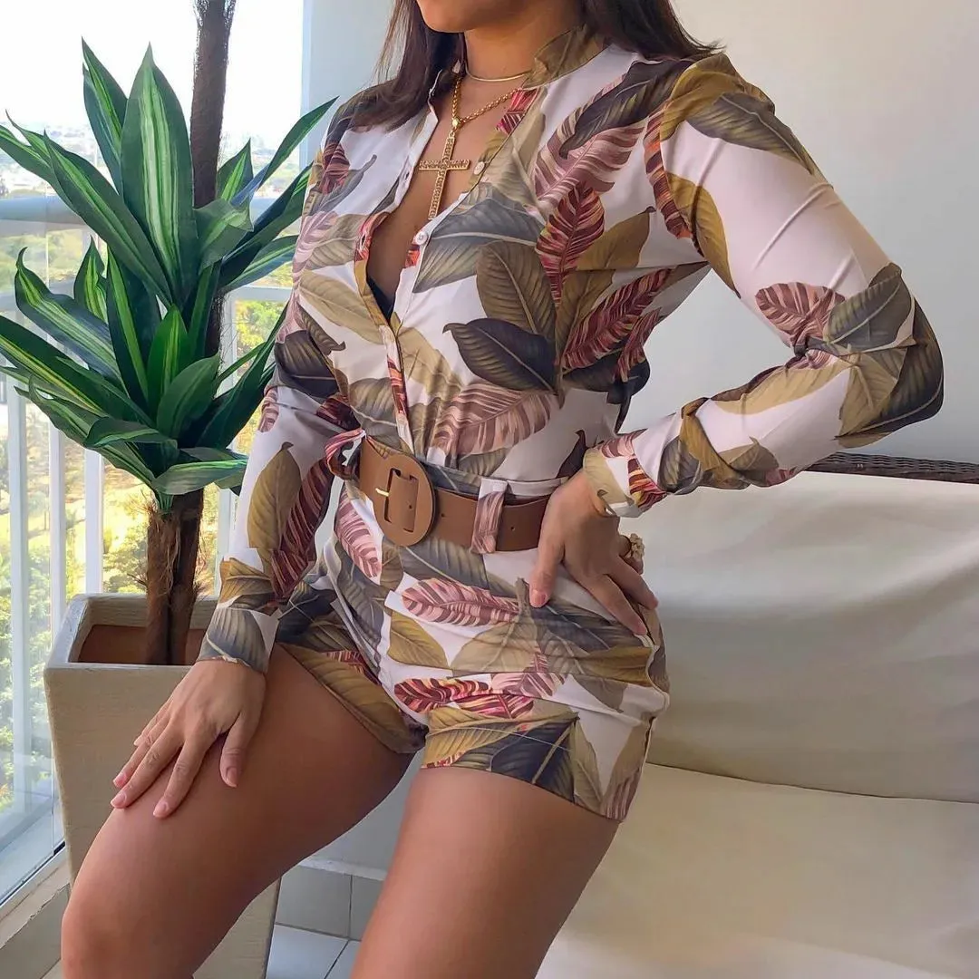 Women's Leaf Print 2-Piece Set - Button-Down Shirt & Shorts Summer Outfit