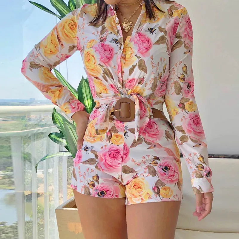 Women's Leaf Print 2-Piece Set - Button-Down Shirt & Shorts Summer Outfit