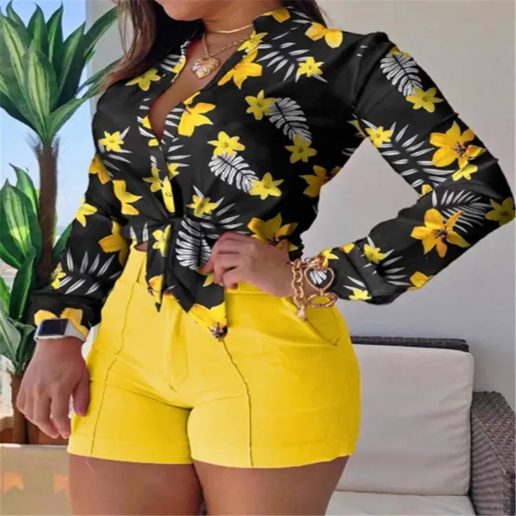 Women's Leaf Print 2-Piece Set - Button-Down Shirt & Shorts Summer Outfit