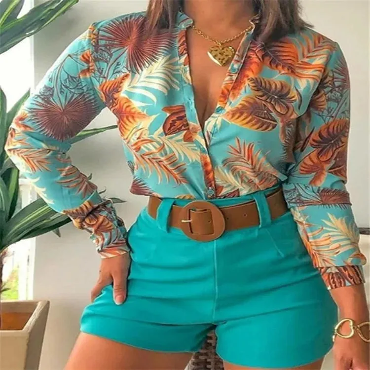 Women's Leaf Print 2-Piece Set - Button-Down Shirt & Shorts Summer Outfit