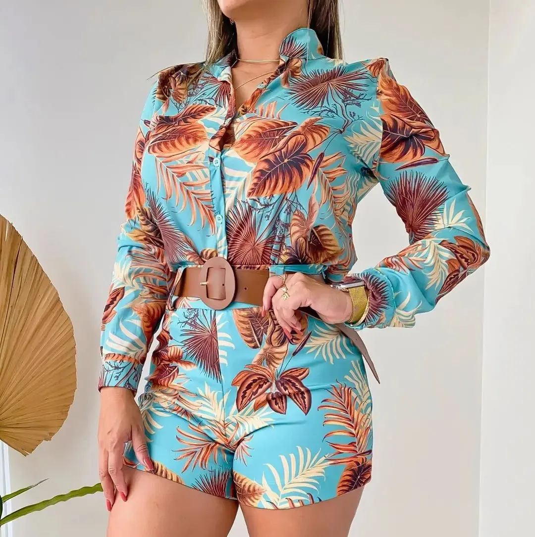 Women's Leaf Print 2-Piece Set - Button-Down Shirt & Shorts Summer Outfit