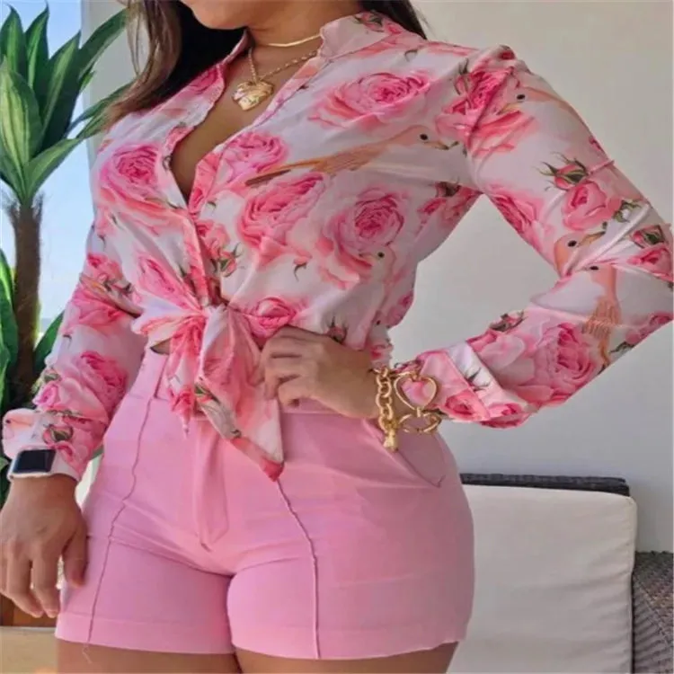 Women's Leaf Print 2-Piece Set - Button-Down Shirt & Shorts Summer Outfit