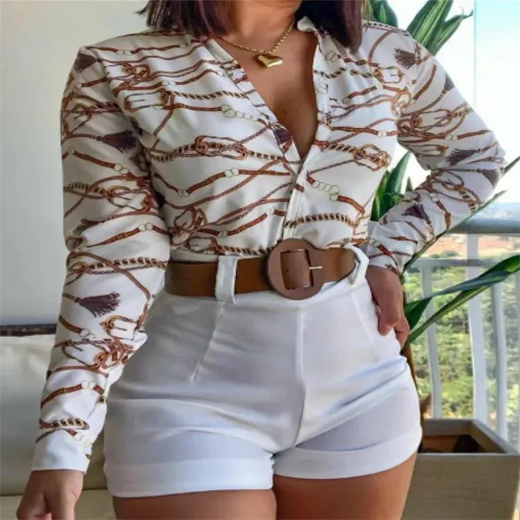 Women's Leaf Print 2-Piece Set - Button-Down Shirt & Shorts Summer Outfit