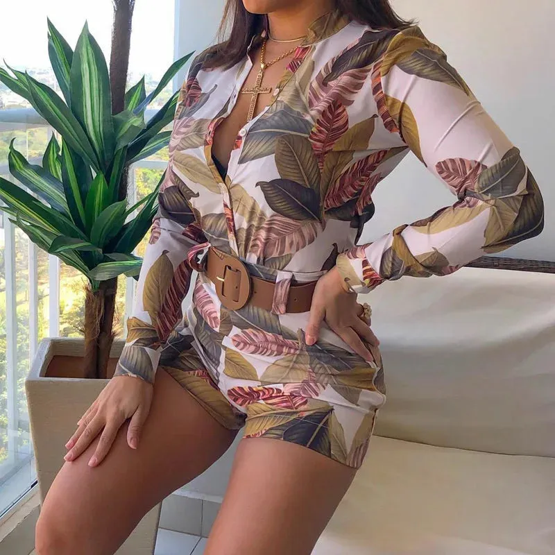 Women's Leaf Print 2-Piece Set - Button-Down Shirt & Shorts Summer Outfit