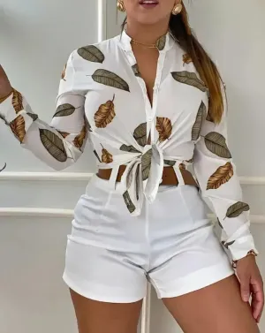 Women's Leaf Print 2-Piece Set - Button-Down Shirt & Shorts Summer Outfit