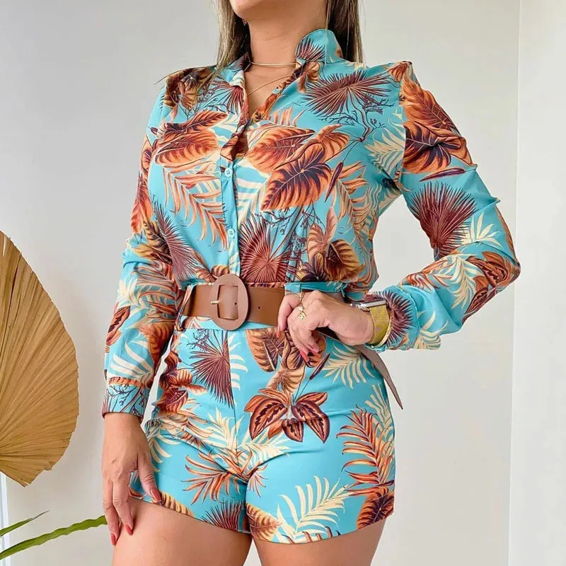 Women's Leaf Print 2-Piece Set - Button-Down Shirt & Shorts Summer Outfit