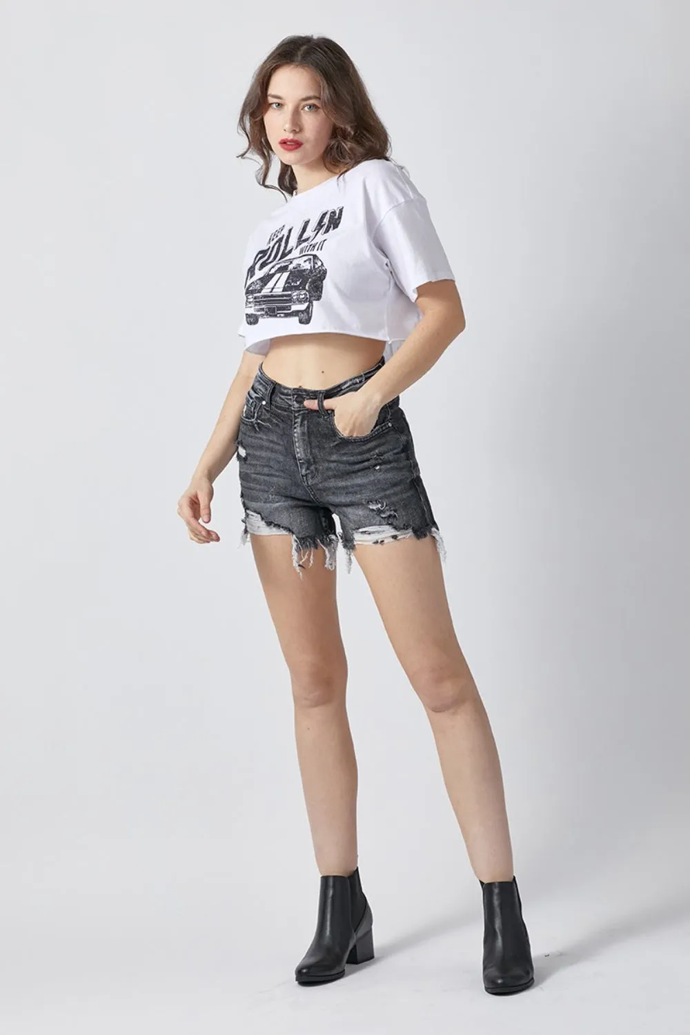 Women's RISEN Full Size High Rise Distressed Denim Shorts