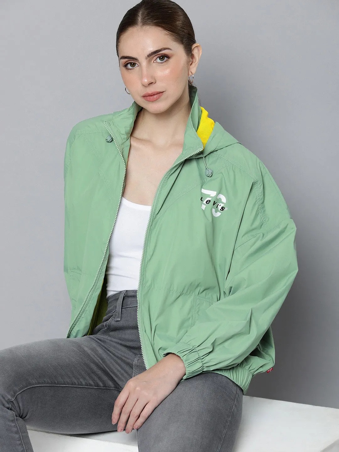 Women's Solid Light Green Hooded Jacket