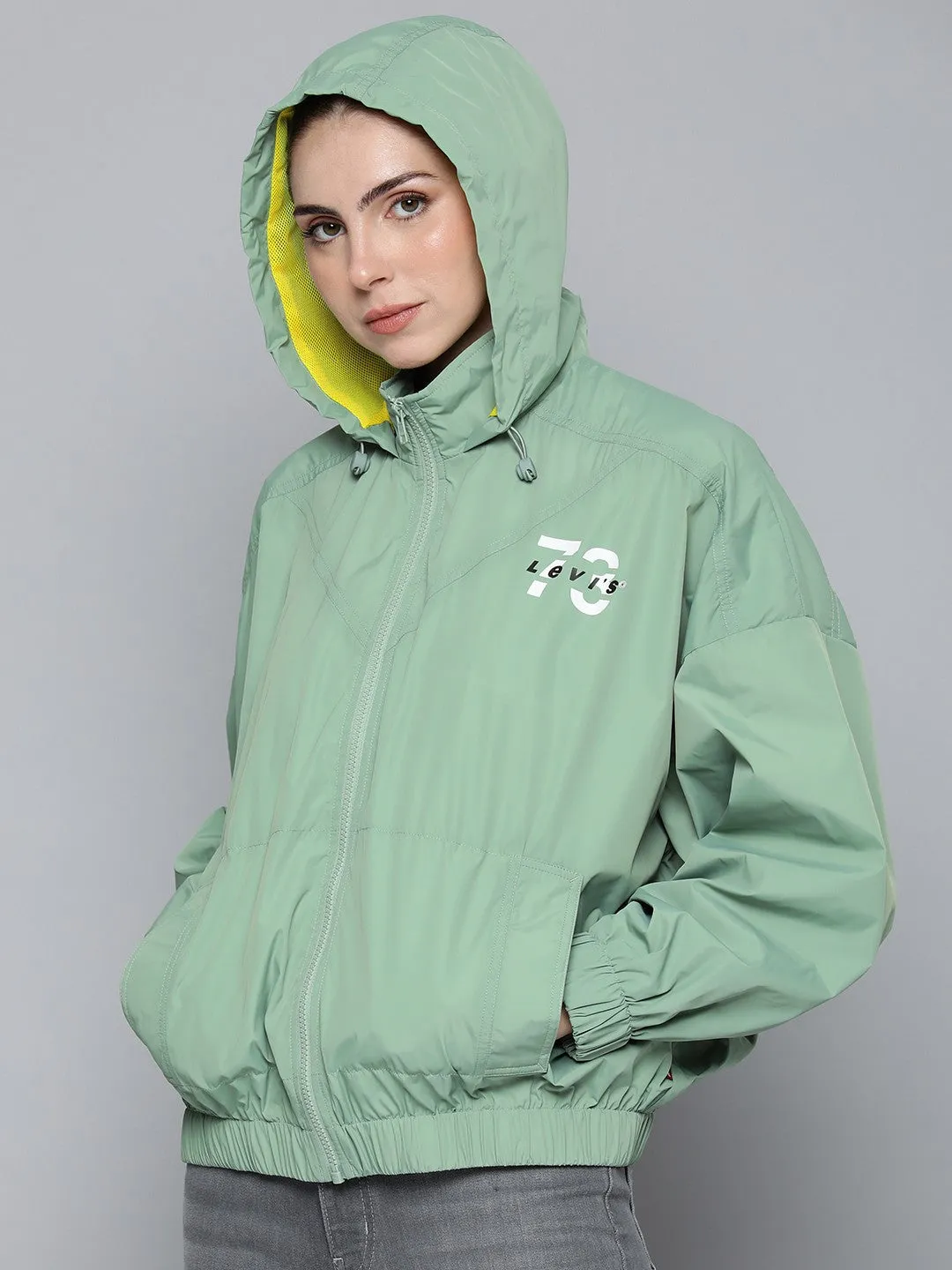 Women's Solid Light Green Hooded Jacket