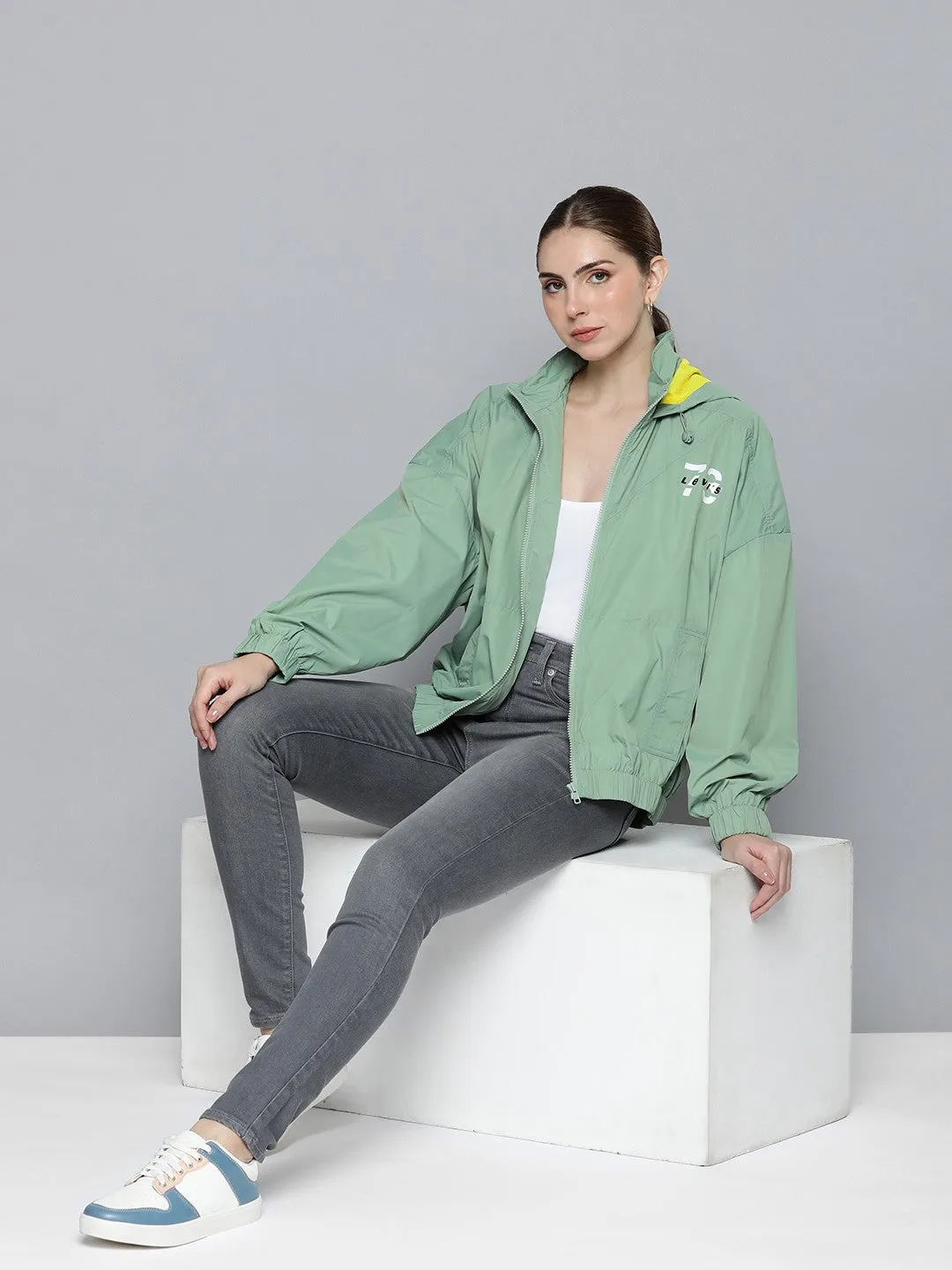 Women's Solid Light Green Hooded Jacket